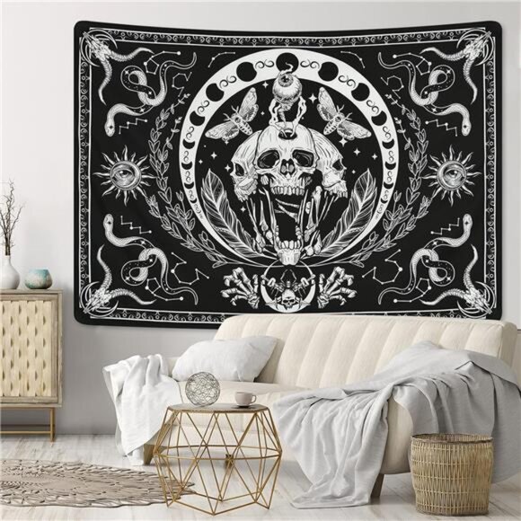 Skull Tapestry Black and White Tapestries Snake Tapestry Moth Tapestry Trippy - Picture 2 of 8